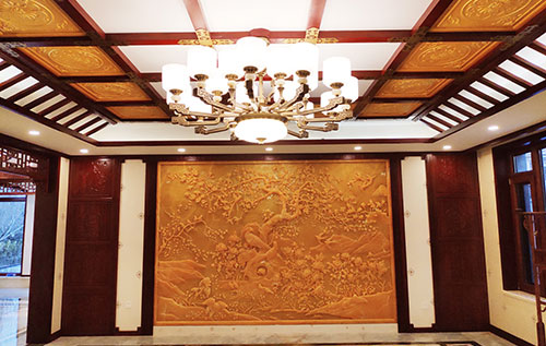 谢岗镇中式别墅客厅中式木作横梁吊顶装饰展示
